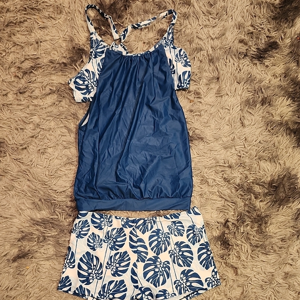 Blue and White Leaf Print Tankini Set